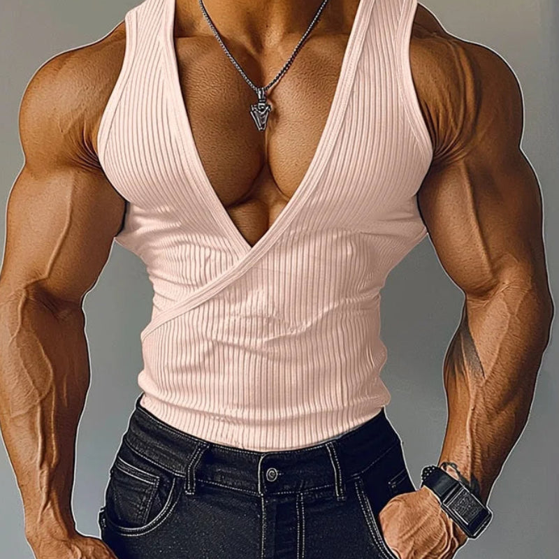Slanted Collar Texture Deep-V Vest | Sophisticated American Style Diagonal Silhouette | Elegant "Deep-V" Summer Streetwear | "Dignified" Textured Tank Top for Radiant Versatile Styling Luxegan