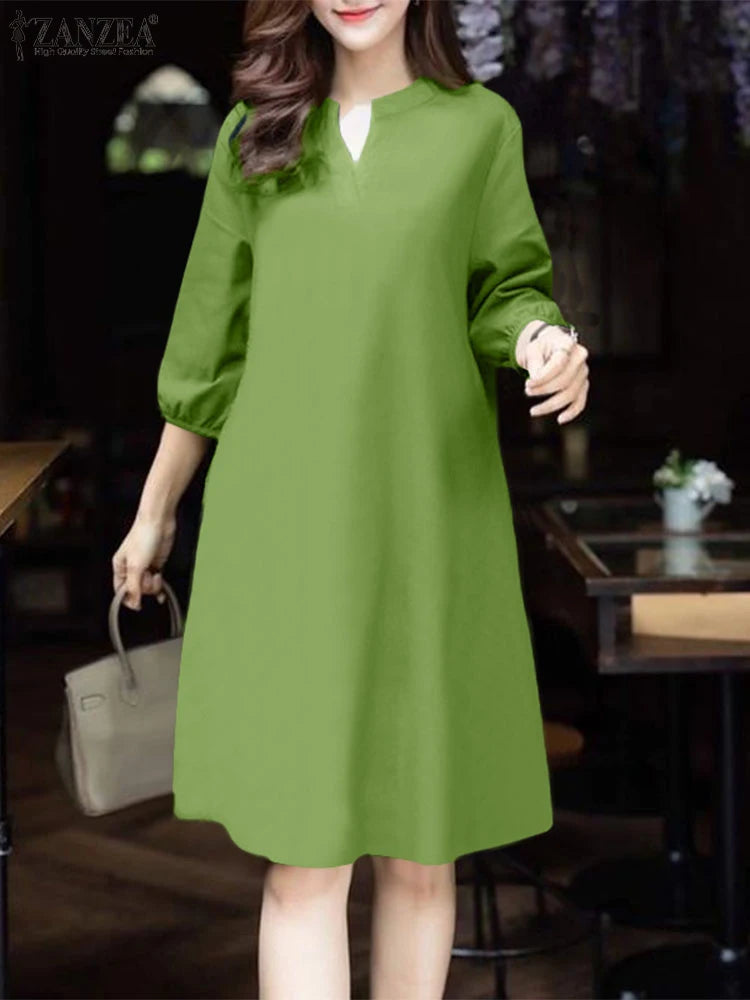 V-Neck Puff Sleeve A-Line Midi Dress | Elegant Solid Work & Casual Autumn Dress Luxegan