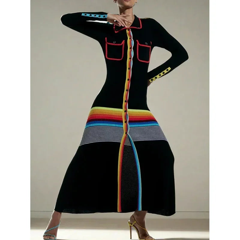 Contrast Color Striped Maxi Dress | Sophisticated Lapel Turn-Down Collar Silhouette | Elegant "Ankle-Length" Slim Party Gown | "Dignified" Buttoned High Street Dress for Radiant Versatile Styling Luxegan