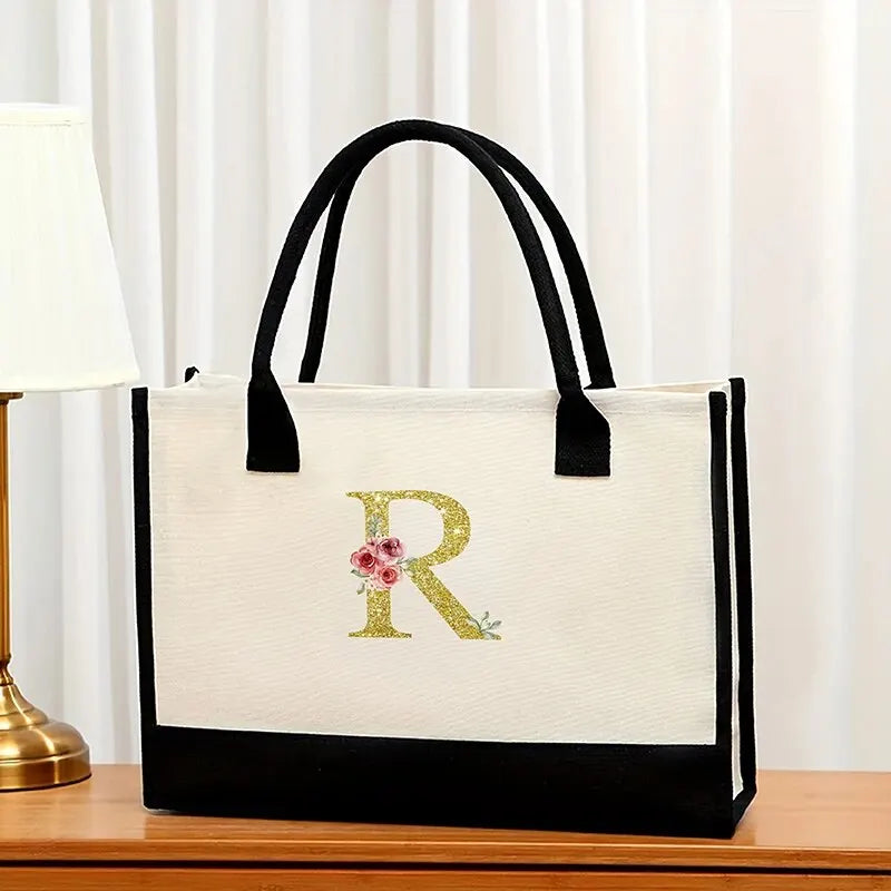 Canvas Gold Letter Fashion Tote Bag | Trendy Metallic Initial Handbag | Large Capacity Canvas Shopping Bag & Daily Satchel for Women Luxegan