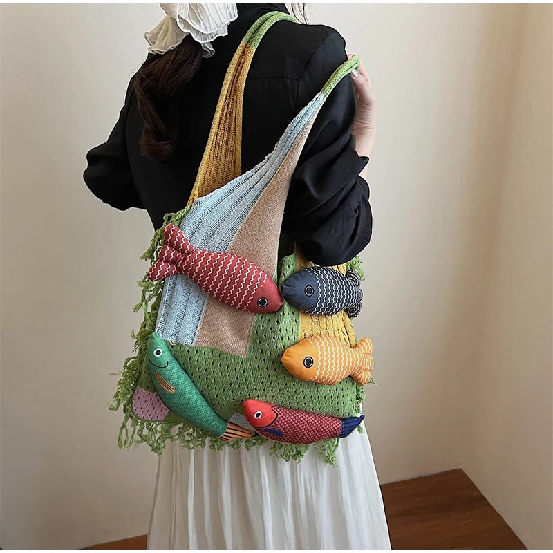 Creative 3D Fish Decoration Shoulder Bag | Fashionable Contrast Color Stitching Tote | Large Capacity Canvas Handbag with Animal Print | Soft Linen-Lined Casual Beach & Travel Bag Luxegan 