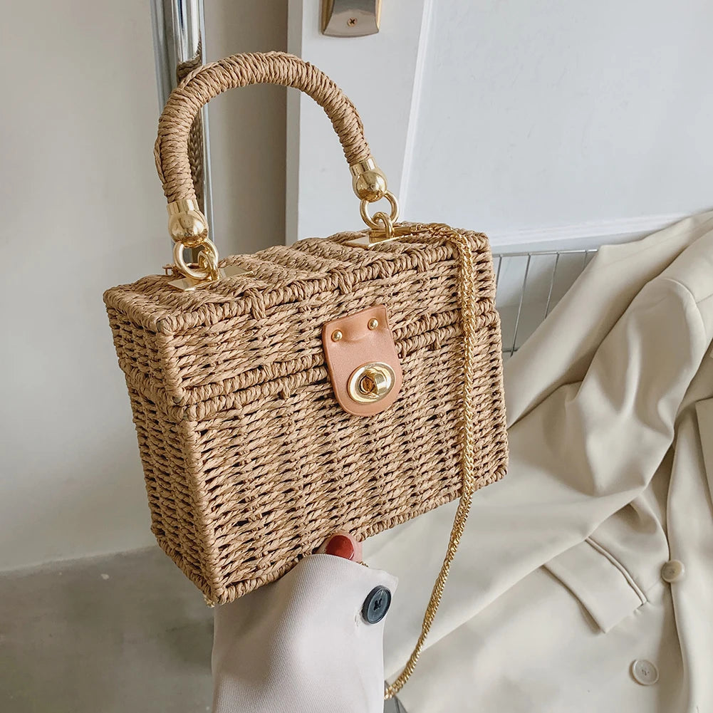 Rattan Straw Shoulder Bag | Women's Boho Hand-Woven Basket Messenger Pouch & Summer Beach Top-Handle Handbag Luxegan