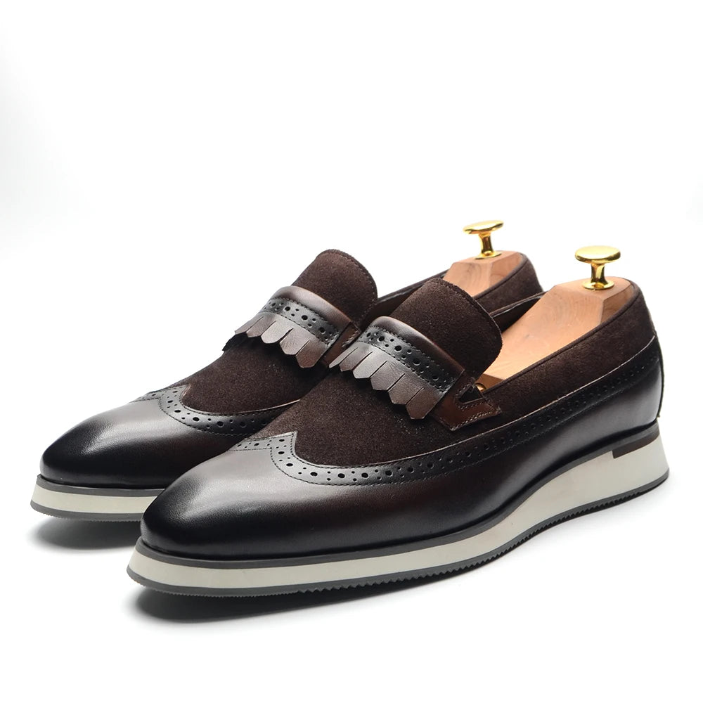 Many Colors Classy Men's Genuine Leather Tassel Loafers | Cow Suede Wingtip Brogue Casual Business Flats Luxegan