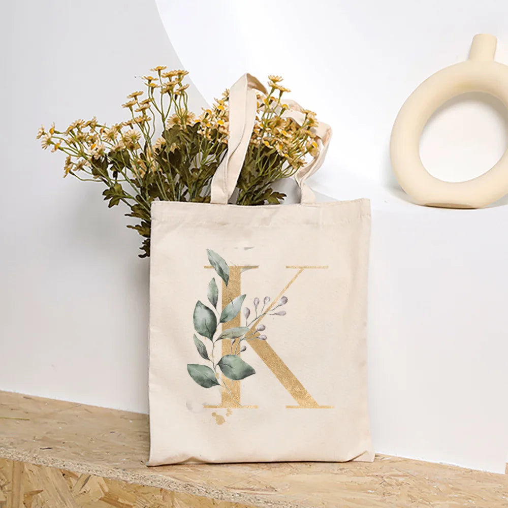 Leaves Plant Initial Print Canvas Tote Bag | Reusable Summer Beach & Shopping Handbag with Hasp Closure Luxegan
