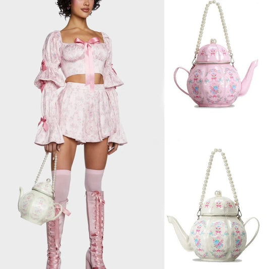 Pearl Chain Teapot Crossbody Bag | Luxury Designer Handbag & Purse Luxegan