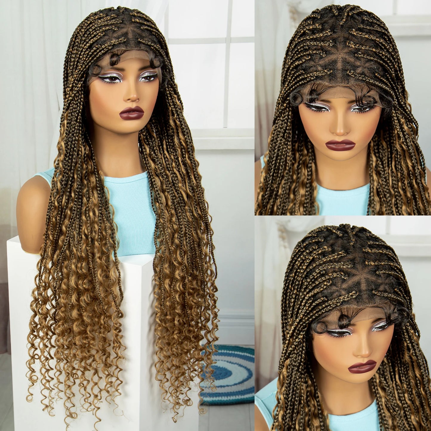 36 Inch Knotless Box Braided Wig with Curly Ends | Full Lace Boho Braided Wig | 5 Colors Luxegan