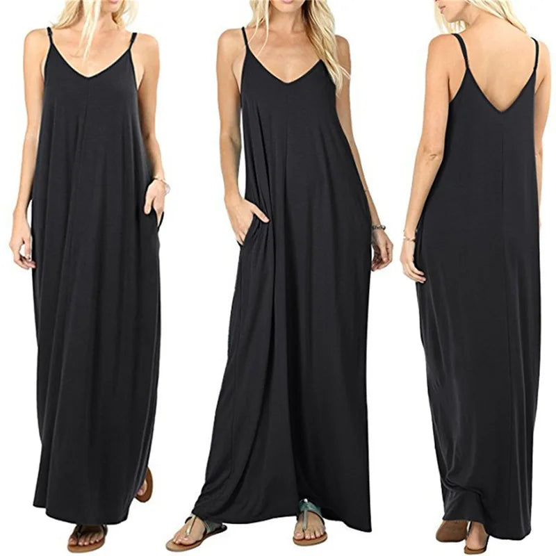 Women's New Summer Couture Line Plain Baggy Dress | Elegant V-Neck Sleeveless Tank Top Dress | Sexy Sling Spaghetti Strap Evening Gown | Premium Medium Stretch Loose Fit Straight Silhouette Floor-Length Camisole Vestido Model A2312088 Luxegan