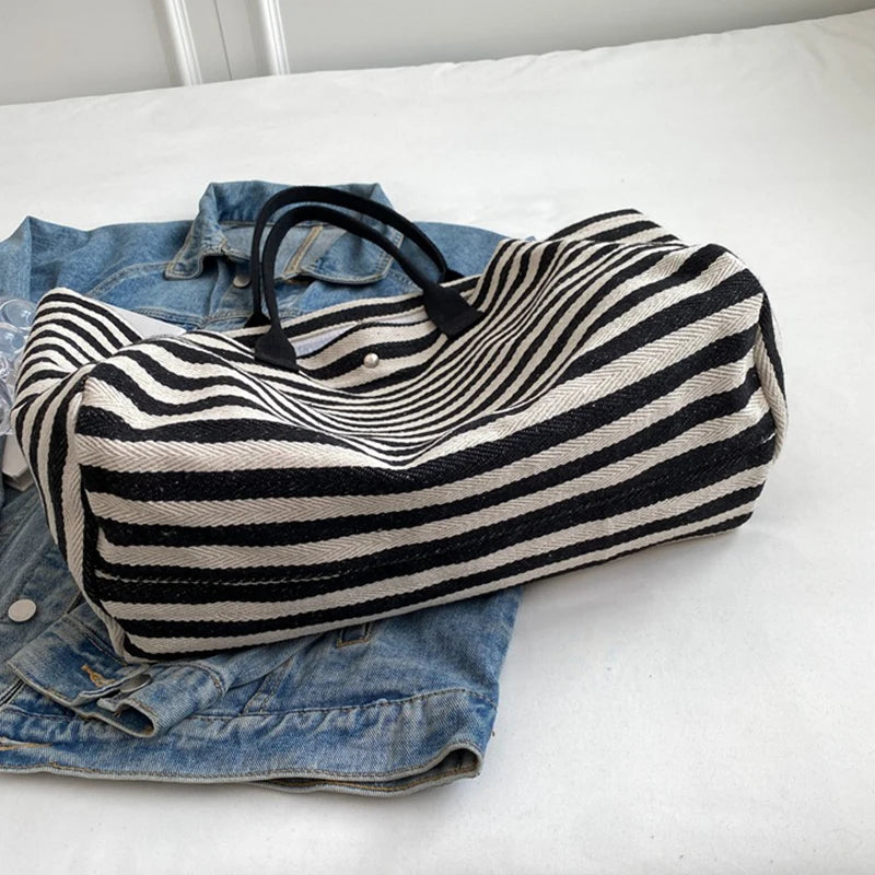 Casual Striped Canvas Bag for Women | Large Capacity Shoulder Bag & Daily Shopping Tote (Student Bookbag for School, Travel, Beach) Luxegan