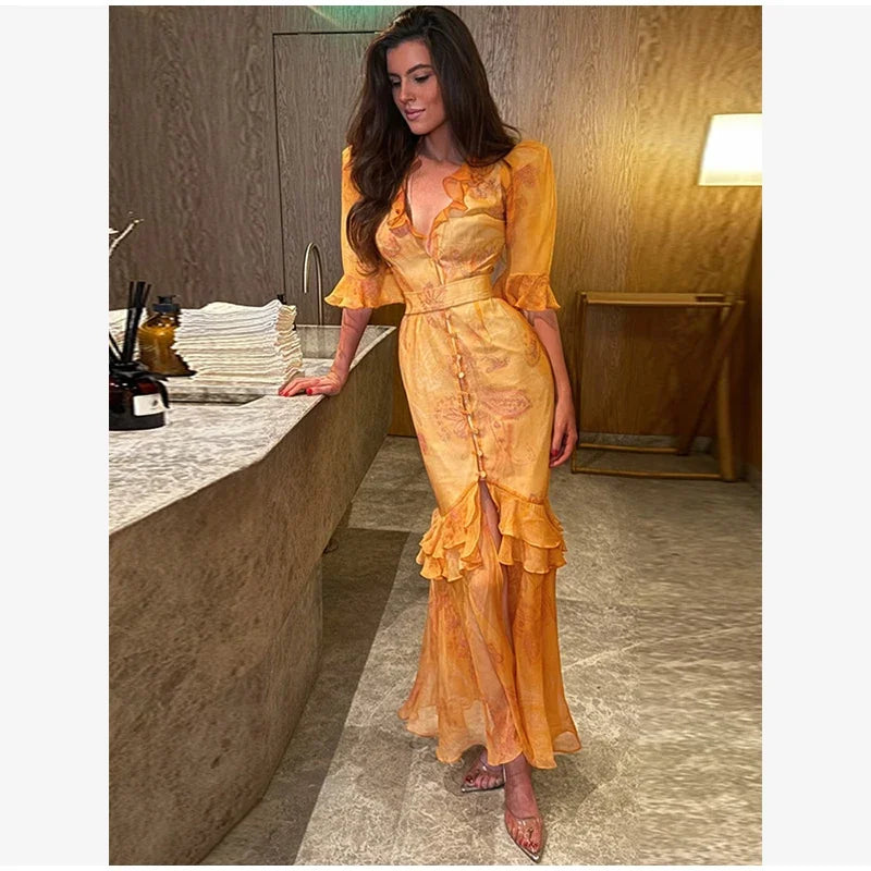 Flutter Sleeves Slim Long Dress Women Casual Pleated Deep V-neck Floral Print High Waist Dresses 2026 Lady Summer Holiday Wear
