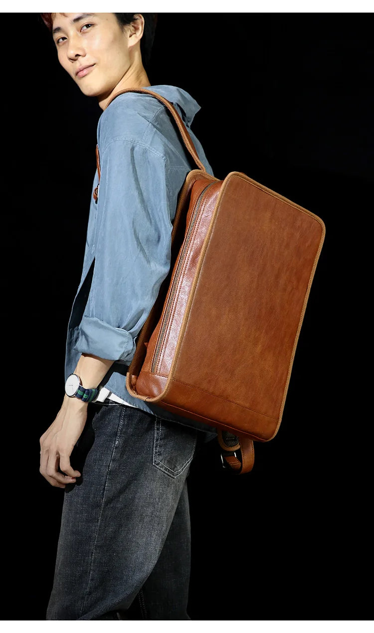 Genuine Cow Leather Business Backpack | High-End Computer & Travel Bag | Professional Softback Rucksack with Canvas Lining | Men's & Unisex Executive Travel Pack (Model 1121) Luxegan