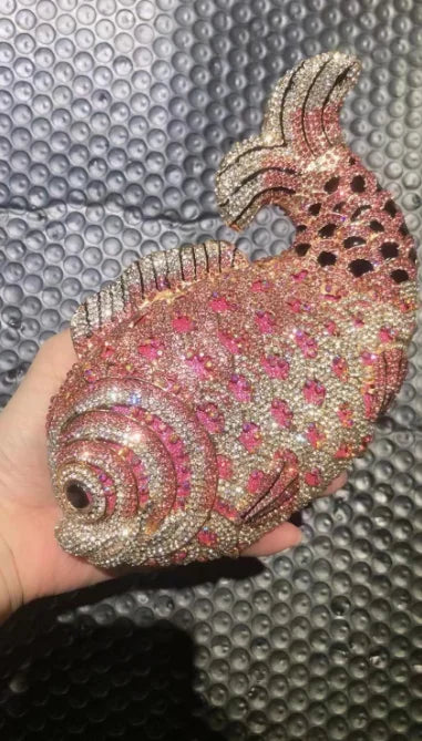 Women's Rhinestone Fish Evening Minaudiere Bag | Luxury Gold Stone Bridal Clutch Purse | Premium Metallic Hard Shell Wedding Handbag | Elegant Genuine Leather Lined Party Dinner Purse Model 01