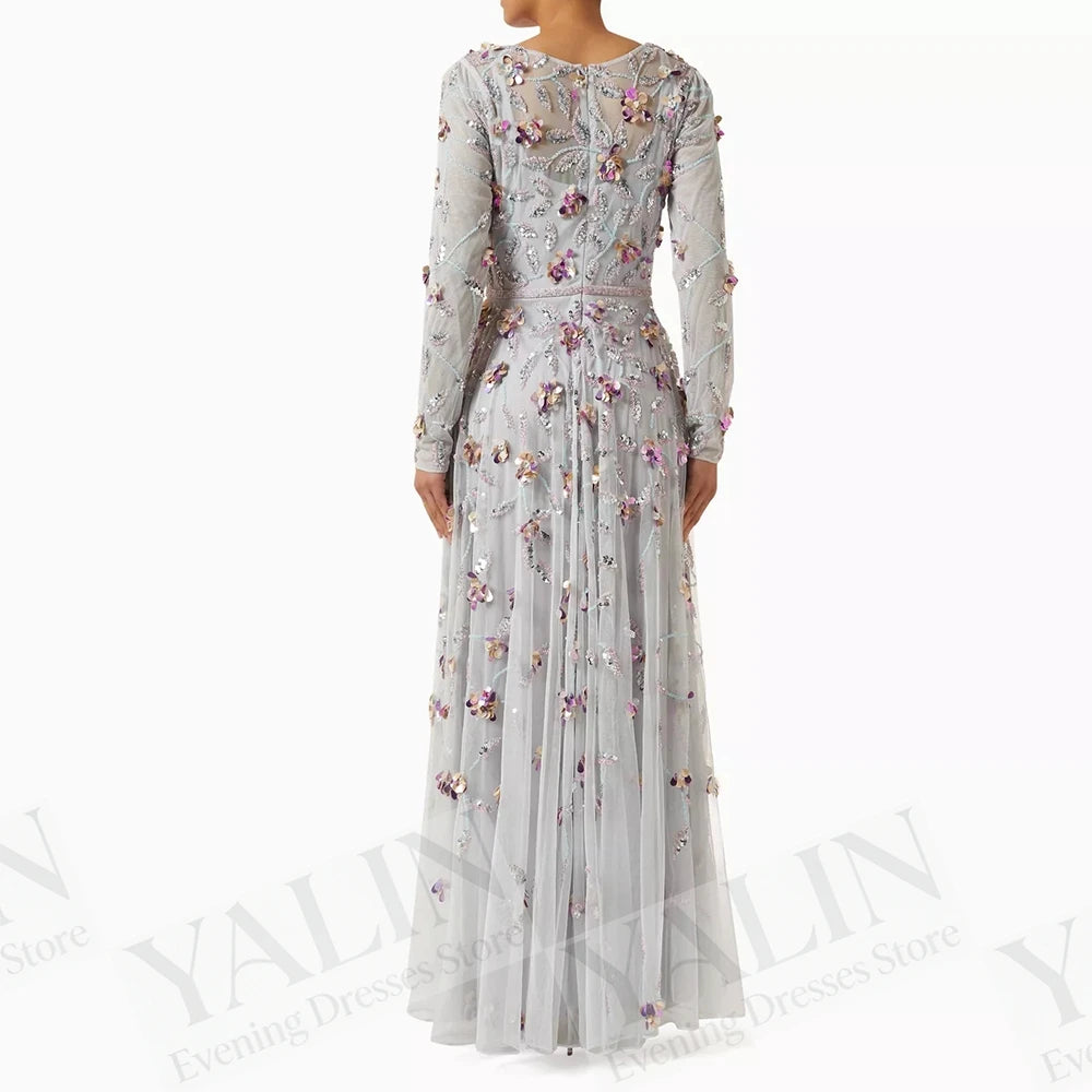 Sequined Floral A-Line Prom Dress | O-Neck Full Sleeve Ankle-Length Evening Gown Luxegan