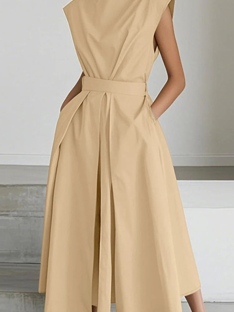 Solid Turn-Down Collar Short Sleeve Regular Fit A-Line Ankle-Length Dress – Polyester, Empire Waist, Summer Luxegan