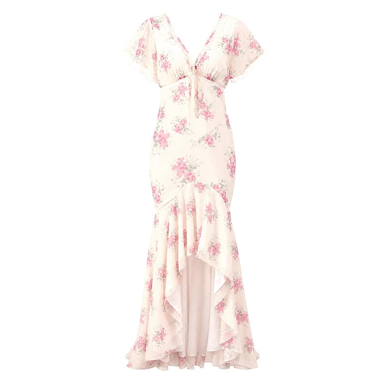 Flutter Sleeves Slim Long Dress Women Casual Pleated Deep V-neck Floral Print High Waist Dresses 2026 Lady Summer Holiday Wear