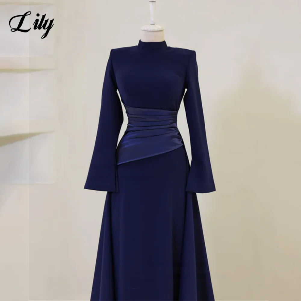 Lily Burgundy Elegant Prom Dresses High-Neck Long Sleeves Mermaid Evening Dresses Satin Muslim Formal Gowns Dubai  Customized