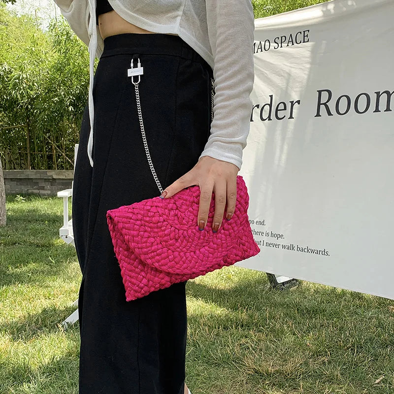 Artisan Corn-Husk Weave Dinner Clutch | Sophisticated Simple Straw Summer Purse | Elegant Embroidered Vacation Handbag | "Dignified" Soft Satchel Wallet for Versatile Seasonal Styling Luxegan