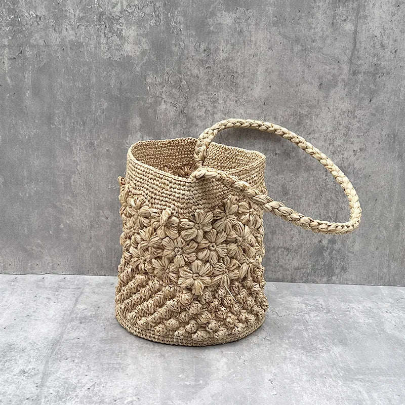 Bohemian Raffia Beach Bags for Women Bucket Bag Luxury Flower Straw Bag | Women Handbag Handmade Travel Rattan Shoulder Bags Tote Luxegan