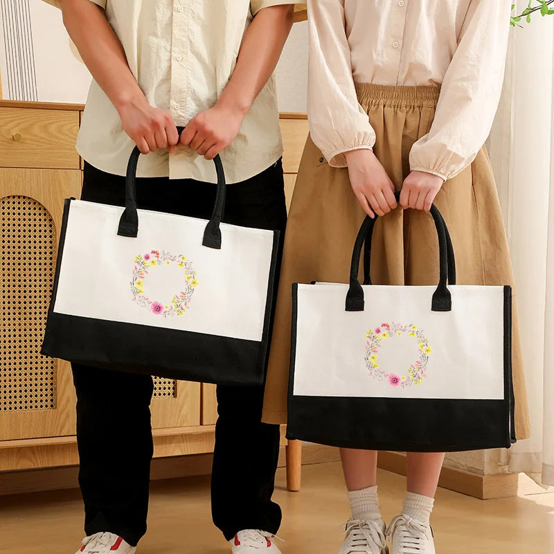 High-Quality Reusable Jute Shopping Bag | Waterproof Fashion Tote with Floral & Letter Print | Durable Cotton & Burlap Handbag for Beach, Picnics, and Grocery (Unisex) Luxegan