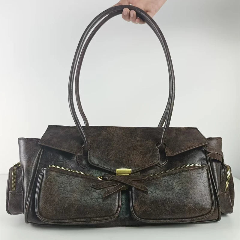 Vintage Underarm Bag for Women | Soft Split Leather Multi-Pocket Shoulder Handbag (Luxury Designer, Half Moon Shape) Luxegan