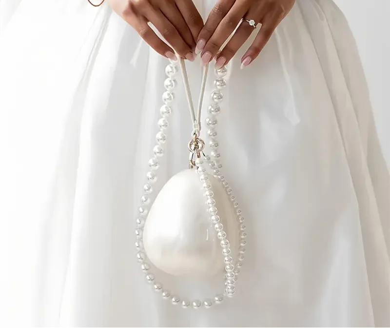 Luxury Mini Acrylic Egg Bag | Designer Pearl Evening Clutch with Beaded Strap | Cute Shell-Shaped Wedding