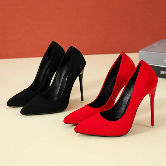 Concise Flock Stiletto Pumps | Sophisticated 11.5cm Pointed Toe High Heels | Elegant "Big Size" 35–45 Wedding Shoes | "Dignified" Classic Red & Gray Office Pumps for Radiant Versatile Styling Luxegan