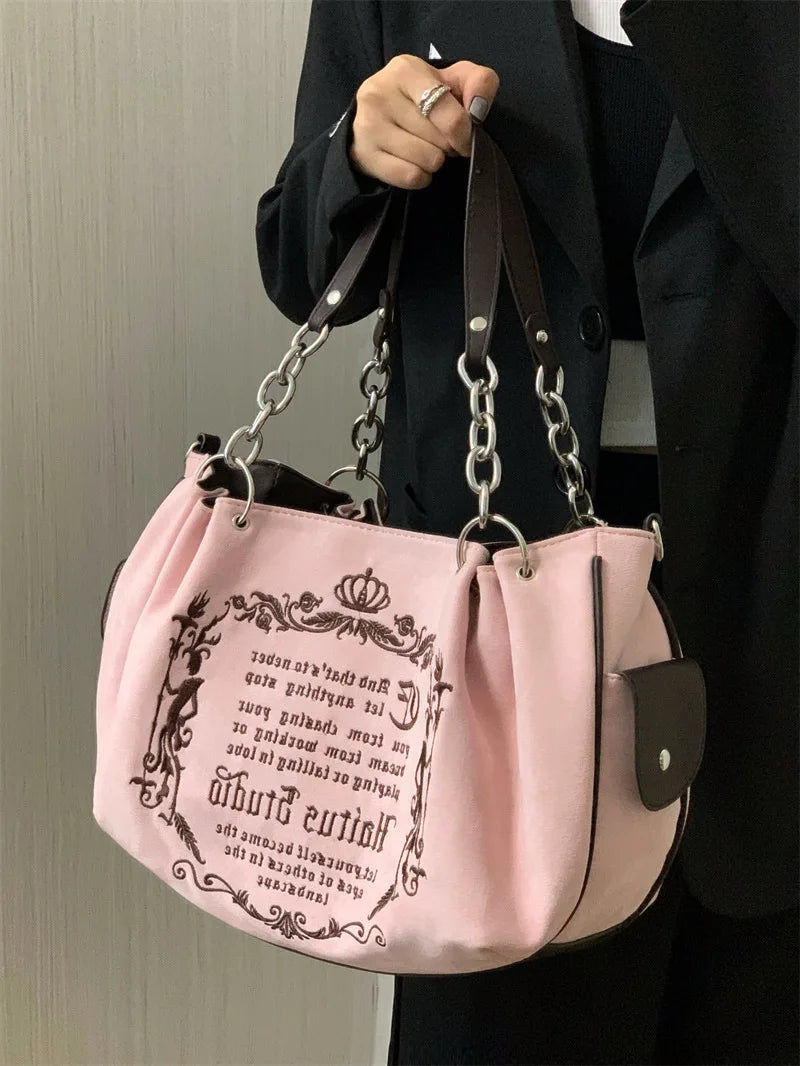 Y2K Pink Vintage Gothic Tote Bag | Aesthetic Grunge Large Capacity Travel Bag | Retro Ladies Embroidery Letter Shoulder Bag with Chain Strap | Fashionable Pink Cyber-Goth Handbag Luxegan