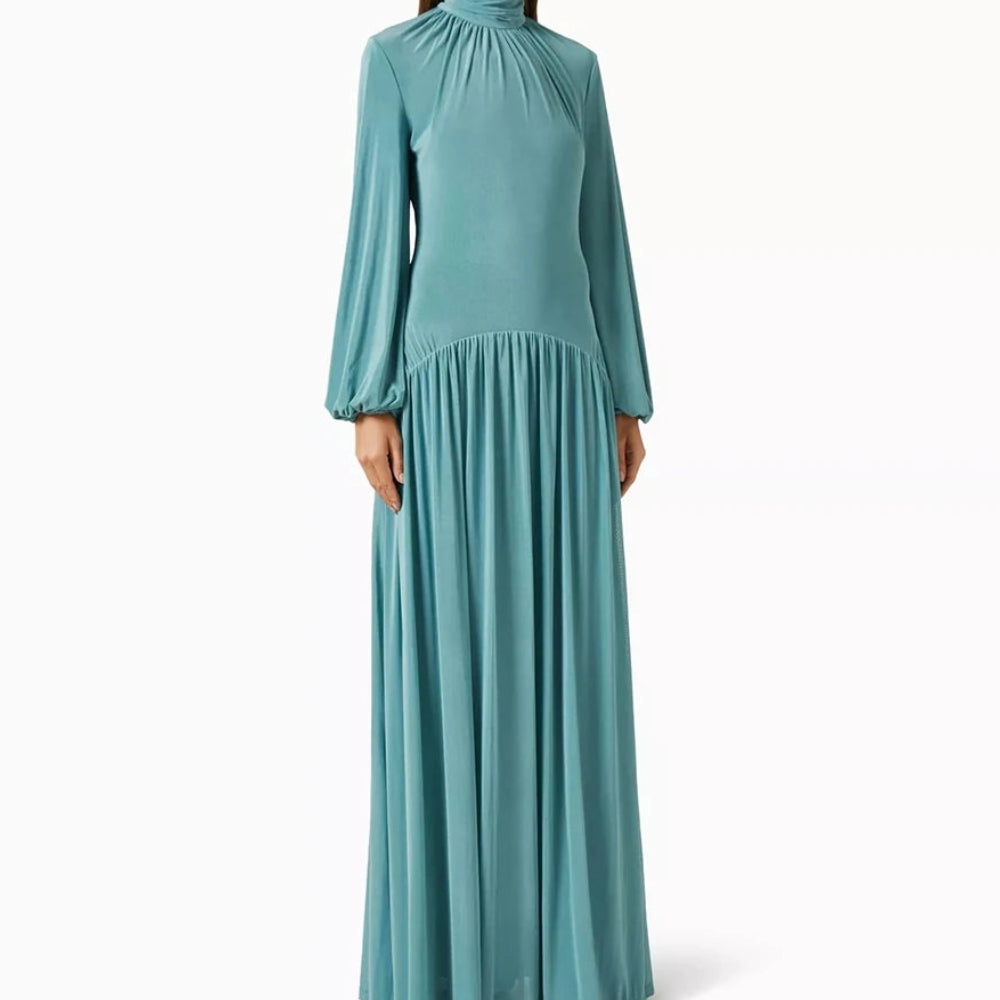 Draped A-Line Prom Dress | High-Neck Full Sleeve Floor-Length Evening Gown Luxegan