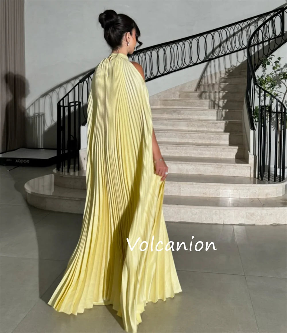 Pleated High Neck Off-the-Shoulder Half Sleeve A-Line Floor-Length Dress – Polyester Jersey, Natural Waist, Built-In Bra Luxegan