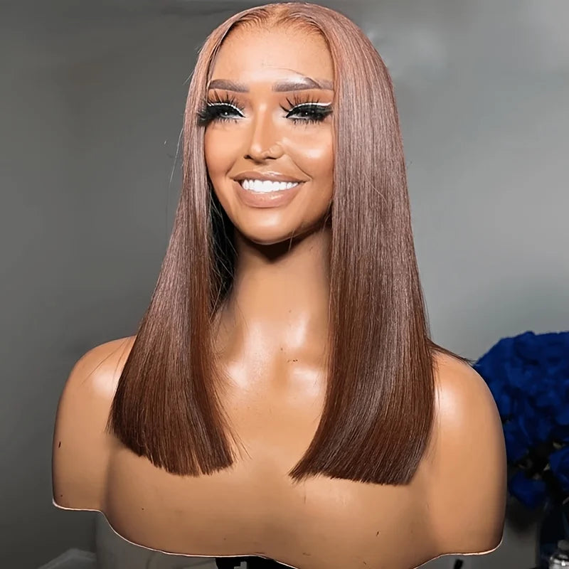 14-Inch Brown Short Bob Wig | Sophisticated 180% Density Glueless Lace Frontal | Elegant "Soft Straight" Silhouette | "Dignified" High Temperature Fiber for Radiant Versatile Styling Luxegan