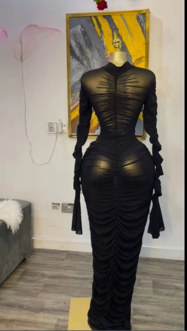 CM.YAYA Women Flare Long Sleeve Stacked Ruched Mesh See Though with Tank Dress Maxi Long Dress 2025 Birthday Sexy Party Dresses