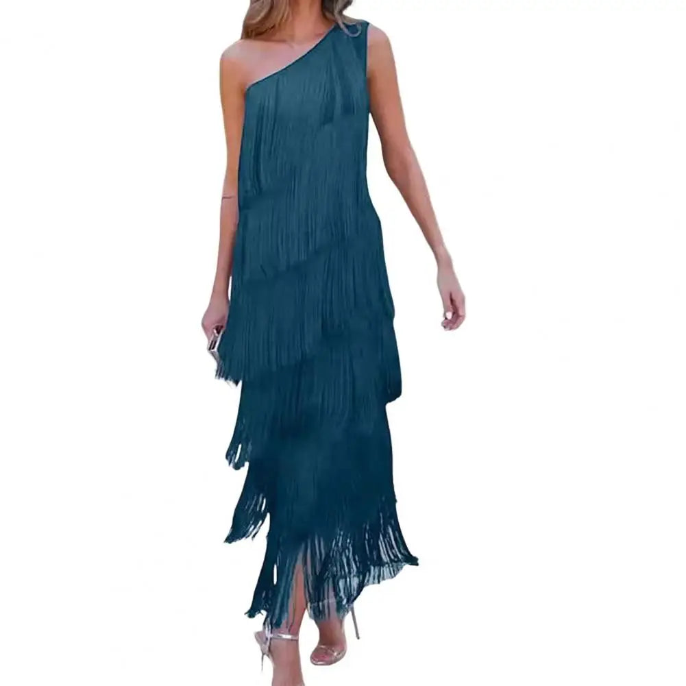 Women's One-Shoulder Layered Fringed Tassel Evening Dress | Elegant Asymmetric Cocktail Party Maxi Dress | Loose Fit Sleeveless Prom Dance Gown | Premium Tatting Slight Stretch Ankle-Length Luxegan