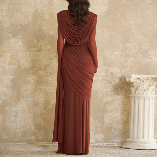 O-Neck Long Sleeve Draped A-Line Brocade Maxi Dress | Solid Vintage Pleated Elegant Party Dress - view 2