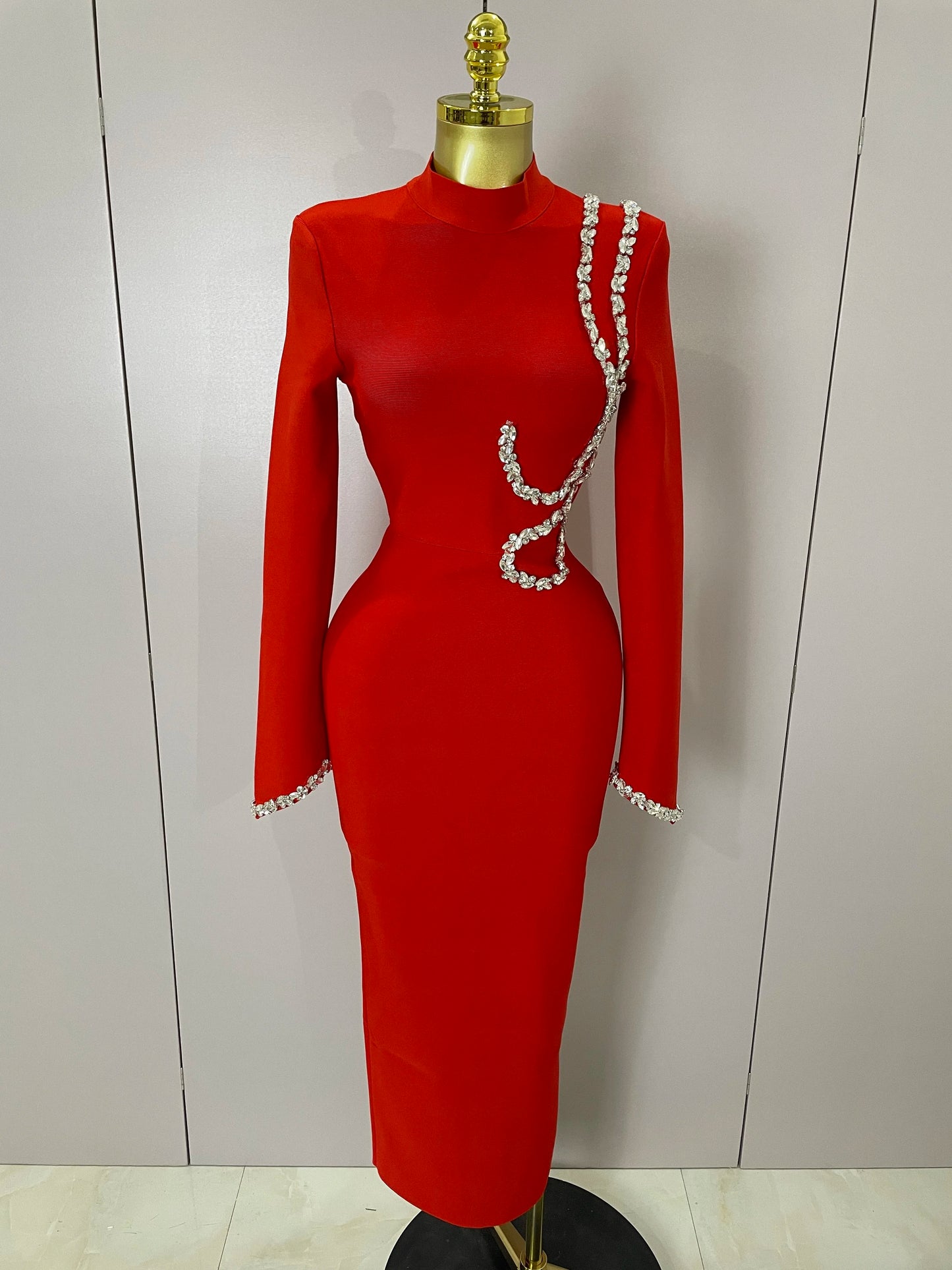 Diamond Appliqué Bodycon Maxi Dress | Long Sleeve High Collar Bandage Evening Dress Luxegan