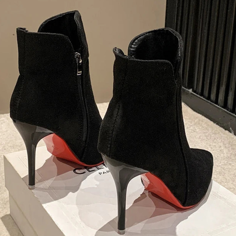 10cm Winter Stiletto Ankle Boots | Sophisticated Warm Black Flock Fashion Boots | Elegant "Handmade Zipper" Silhouette | "Dignified" Round Toe Footwear for Radiant Versatile Styling in Super Big Sizes 47–50 Luxegan
