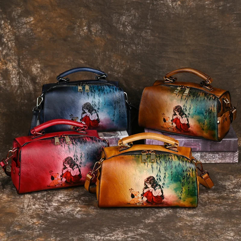 Vintage Women Luxury Leather Handbag For Female Bag Luxury Designer Hand Drawn Cartoon Pattern Ladies Shoulder Bags Luxegan
