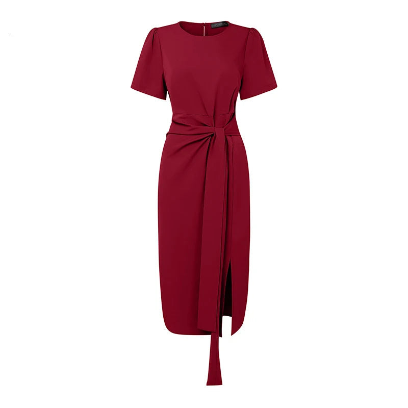 Lace-Up Sash Midi Dress | Short Sleeve O-Neck Sheath Office Elegant Sundress Luxegan