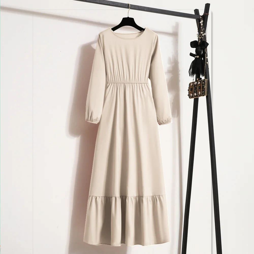 Women's Solid Chiffon Muslim Maxi Dress | Long-Sleeve Casual Loose Fit A-Line Dress | Full-Sleeve O-Neck Spring Autumn Ankle-Length Robe Luxegan