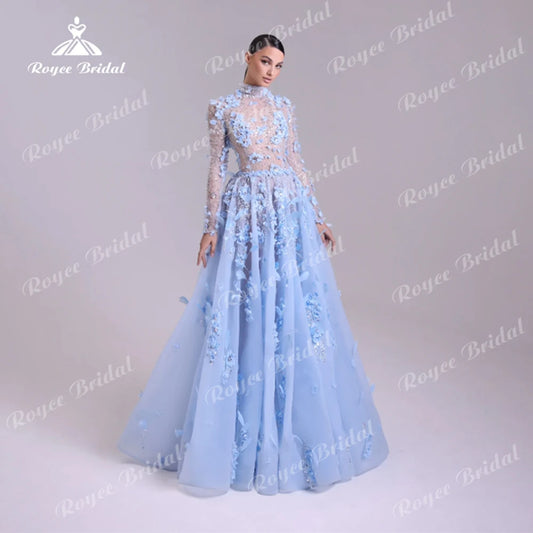 Vestido de Noche Minimalista con Cuello Alto Línea A para Fiesta de Graduación 2026 con Flores Hechas a Mano Aplicaciones de Encaje Vestido de Noche Personalizado فساتين سهرات