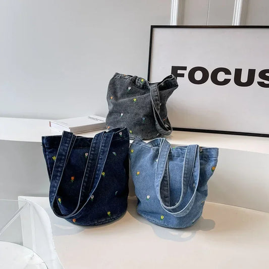 Designer Denim Bucket Bag | Vintage Floral Canvas Shoulder Bag & Crossbody | Casual Unisex Tote with Linen Lining and Hasp Closure Luxegan
