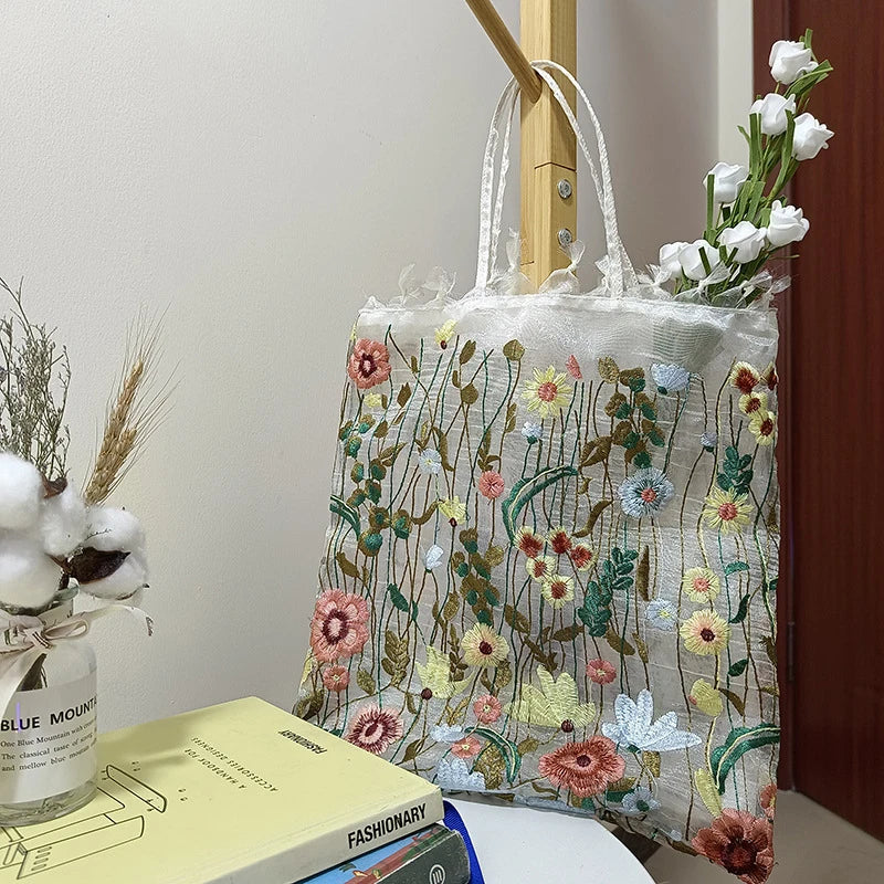 Hot Selling European And American Fashion Bag | New Mesh Full Hand Embroidered Flower Shoulder Bag & Lace Tote Luxegan