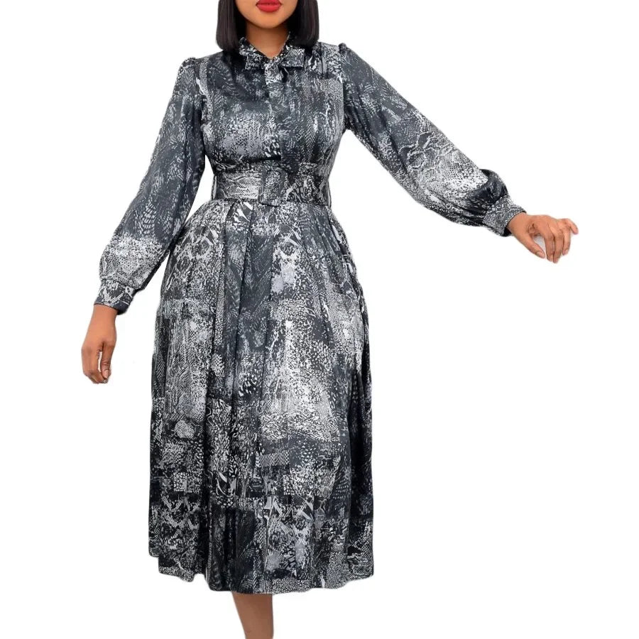 Elegant Vintage Dresses for Women Bow Collar Full Sleeve Belt Waisted A Line Mid Calf Birthday Party Dinner Vestidos Mujer Dress