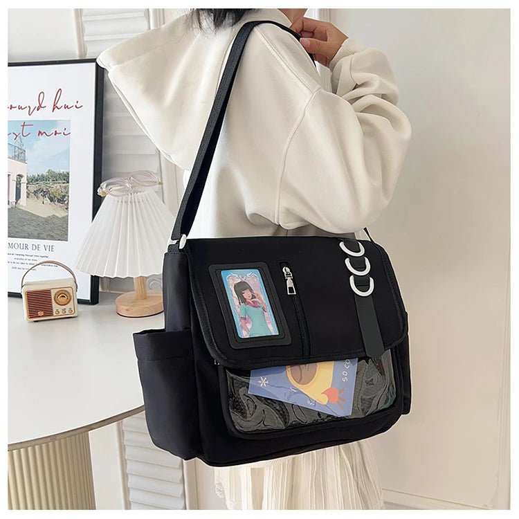New Y2K Japanese Harajuku School Bag | Transparent Crossbody Ita Bag for Girls | DIY Badges Display Plate Shoulder Satchel Luxegan