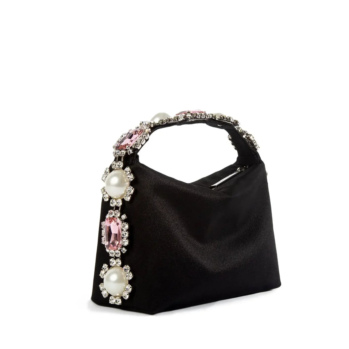 Luxury Feather & Pearl Evening Clutch | Designer Satin Wedding Purse with Diamond Decoration | Fashionable Sparkling Square Party Tote | Elegant White Satin Flap Handbag Luxegan