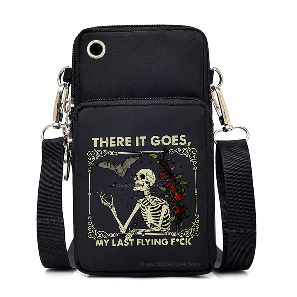 "Dead Inside But Love Cats" Shoulder Bag | Sophisticated Funny Vintage Skeleton Purse | Elegant Cartoon-Print Mobile Phone Bag | "Dignified" Soft Nylon Mini-Handbag for Versatile Casual Styling Luxegan
