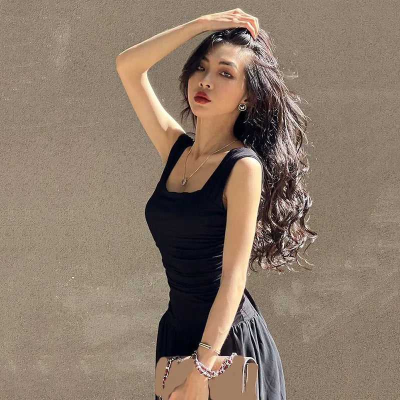 Ruched Spaghetti Strap Maxi Dress | Square Neck High Waist Slim A-Line Party Dress Luxegan