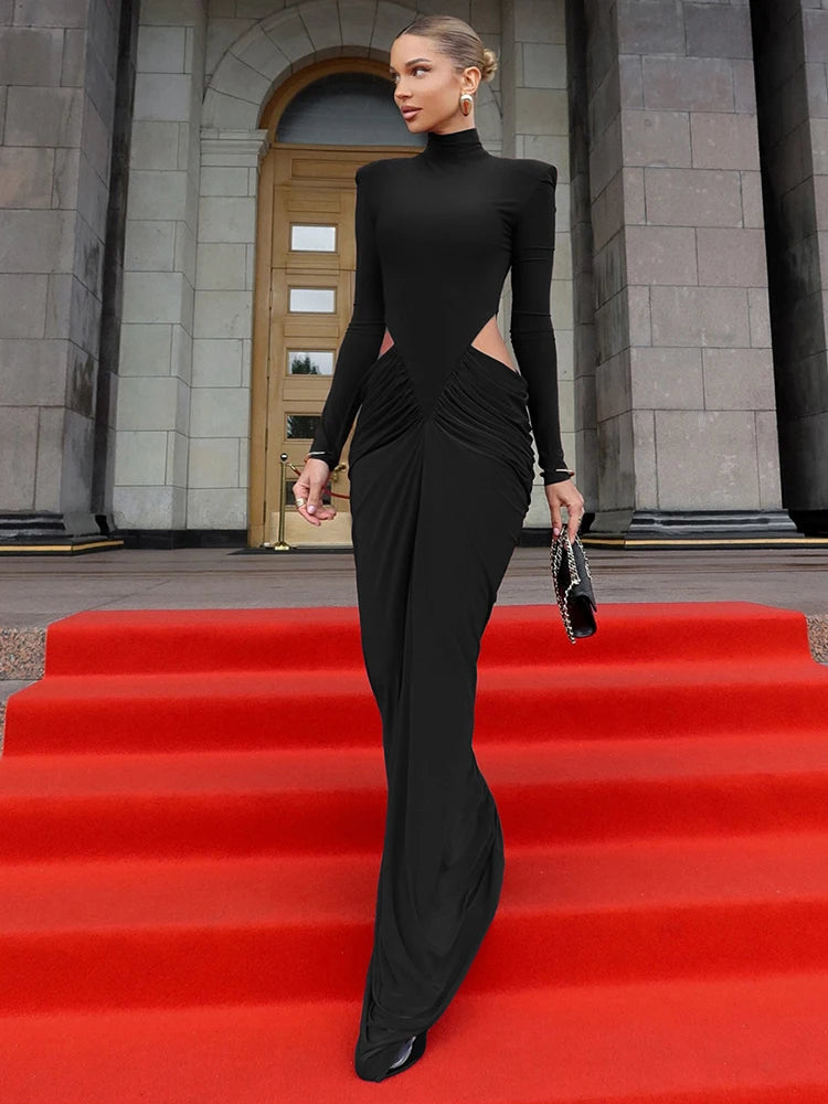  Women's Ruched Waistless Maxi Dress | Elegant Shoulder-Padded Patchwork Turtleneck Gown | High Stretch Slim Fit Skinny Evening Bodycon Purse | Autumn Solid Color Ankle-Length Sheath Model K25D80985 Luxegan