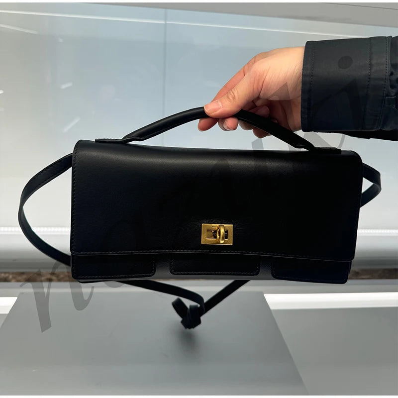 Genuine Leather Solid Satchel | Soft Black Lock Design Shoulder Crossbody Bag Luxegan