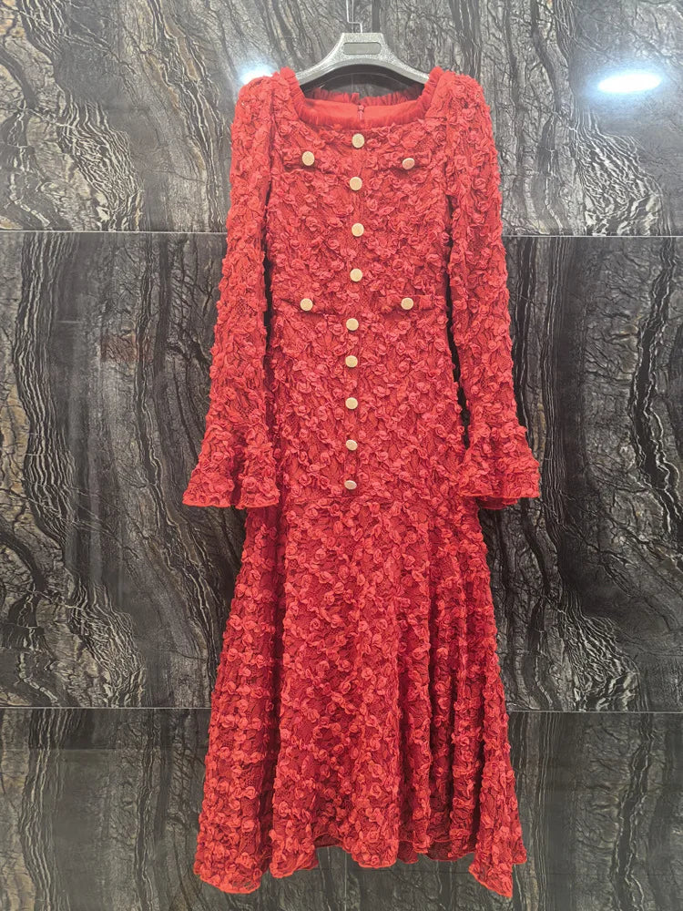 Solid High Street Square Neck Long Sleeve Slim A-Line Mid-Calf Dress – Cotton and Polyester, All Season Luxegan