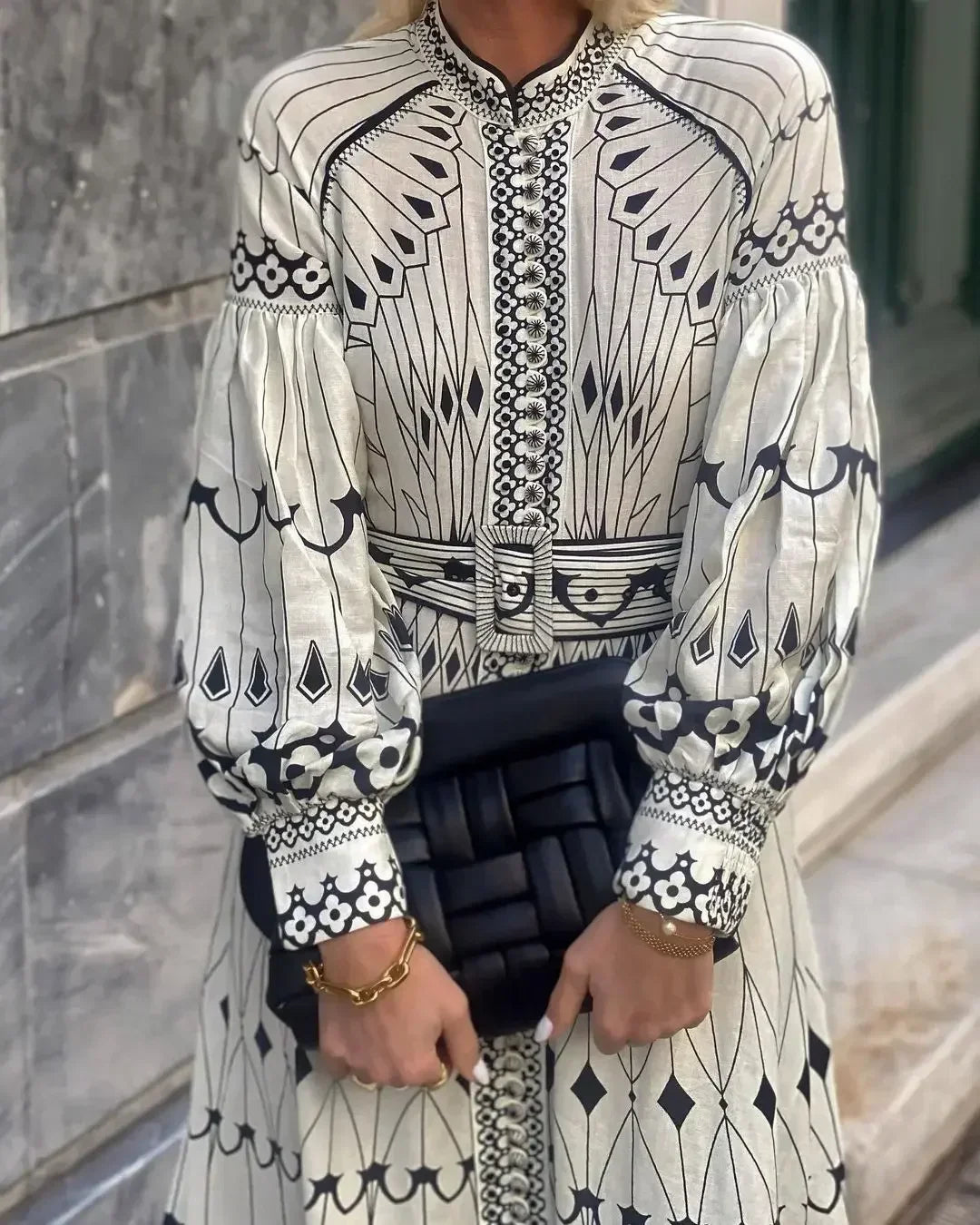 Turn-Down Collar Lantern Sleeve Belted Geometric Print Loose Boho Midi Dress | Retro Elegant - view 2