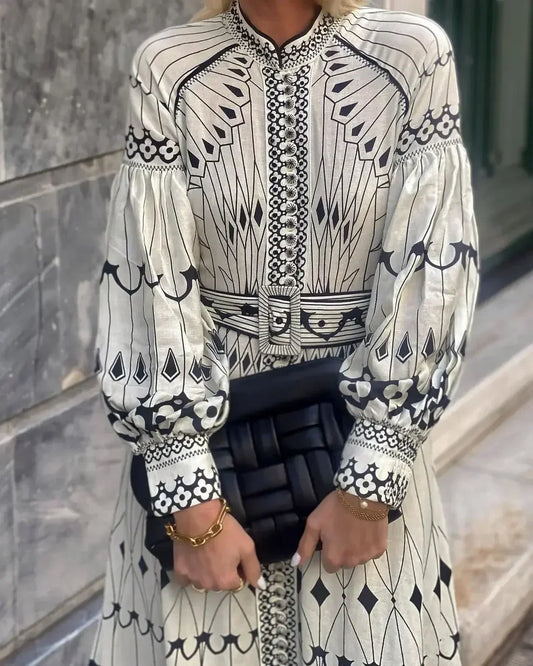 Turn-Down Collar Lantern Sleeve Belted Geometric Print Loose Boho Midi Dress | Retro Elegant - view 2